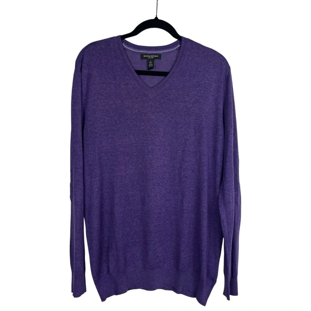 BANANA REPUBLIC Men's Purple Silk Linen Blend V-Neck Sweater Preppy Casual Large